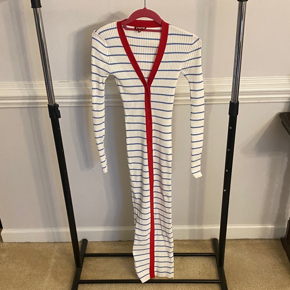 STAUD Shoko White and Blue Striped Sweater Dress with Red Accents